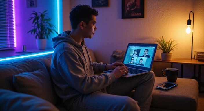 Een relaxte jongvolwassene werkt geconcentreerd op hun laptop in een appartement.