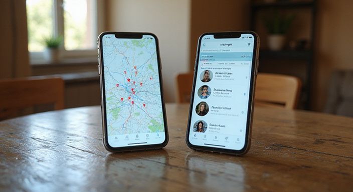Twee smartphones tonen een kaart en een datingapp op houten tafel.
