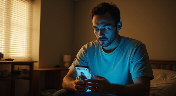 Een man in een eenvoudige slaapkamer kijkt geconcentreerd op zijn smartphone en wil een sexdate in Limburg.