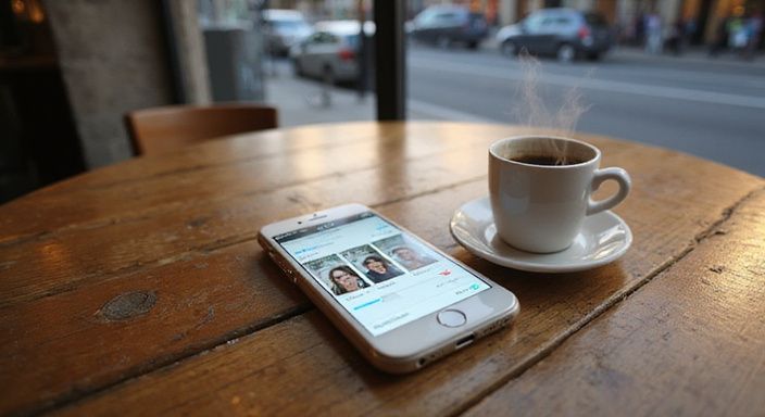 Een smartphone met een datingapp ligt op een cafétafel.