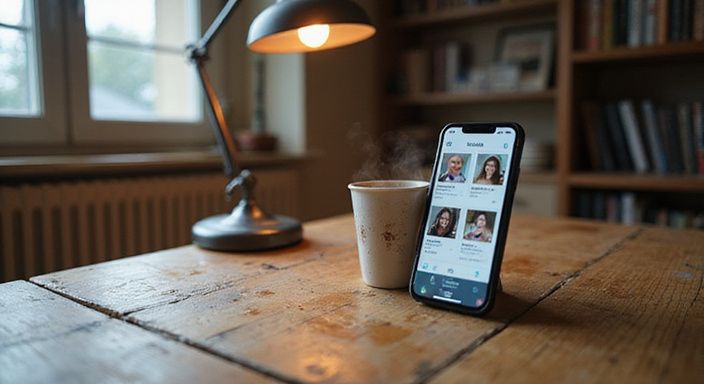 Een smartphone toont een datingapp voor een sexdate in Limburg op een verouderd bureau.