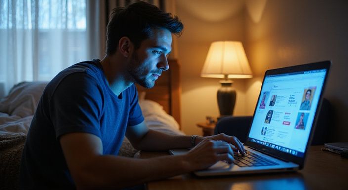 Een man in zijn twintig zit geconcentreerd achter zijn laptop.