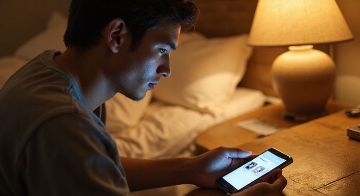 Een jonge volwassene concentreert zich op een datingapp op hun telefoon.