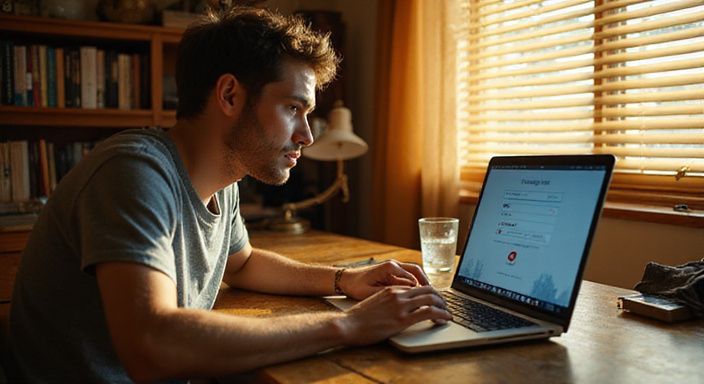 Een persoon in de late twintig zit geconcentreerd achter een laptop en zoekt een sexdate in Limburg.