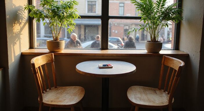 Een gezellige cafébooth met houten stoelen en planten in Antwerpen.