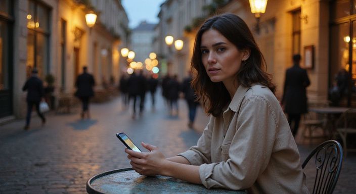Een vrouw zit alleen aan een bistrotafel en kijkt contemplatief.