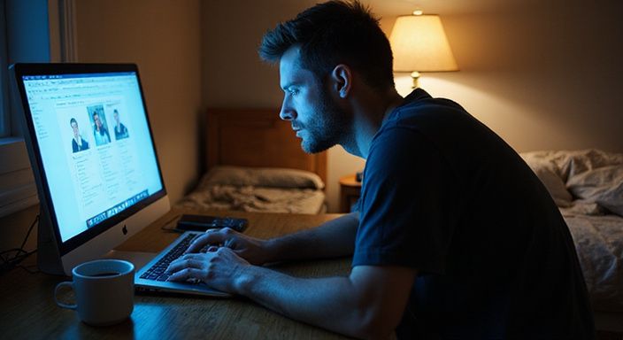 Een man creëert een online datingprofiel in een bescheiden slaapkamer.