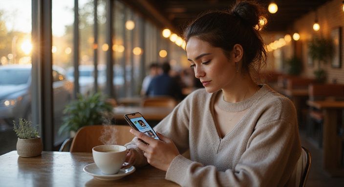 Een vrouw in een café, verdiept in haar smartphone en zoekt een sexdate in Oost-Vlaanderen.