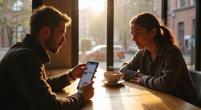 Twee volwassenen bespreken een datingapp aan een houten tafel.