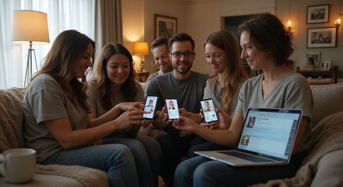 Vijf volwassenen bekijken datingprofielen op een smartphone en laptop.