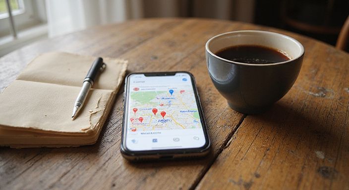 Een smartphone met Google Maps ligt op een verweerde houten tafel.