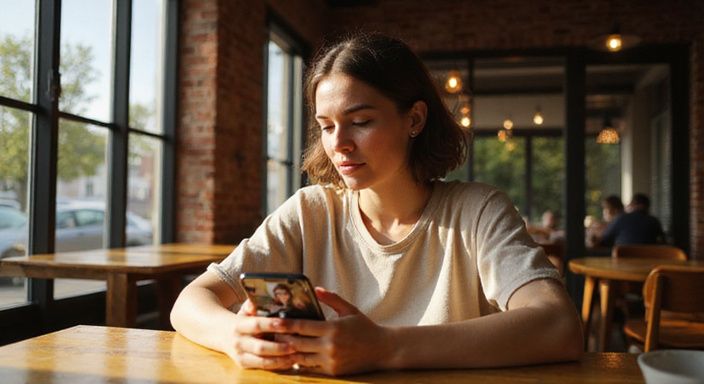 Een mooie vrouw kijkt naar een datingapp in een café en wil een sexdate in Oost-Vlaanderen.