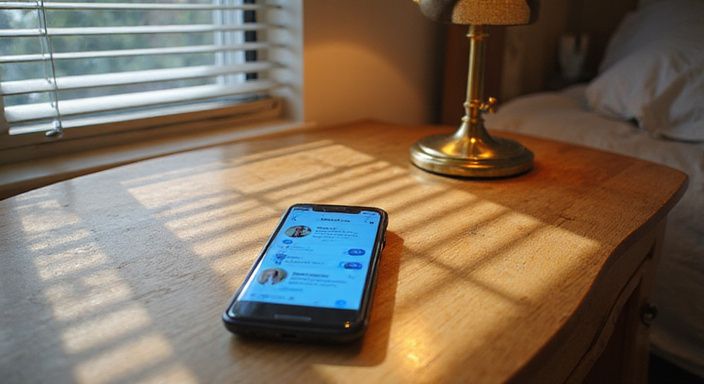 Een smartphone op een eiken desk met een dating-app interface.