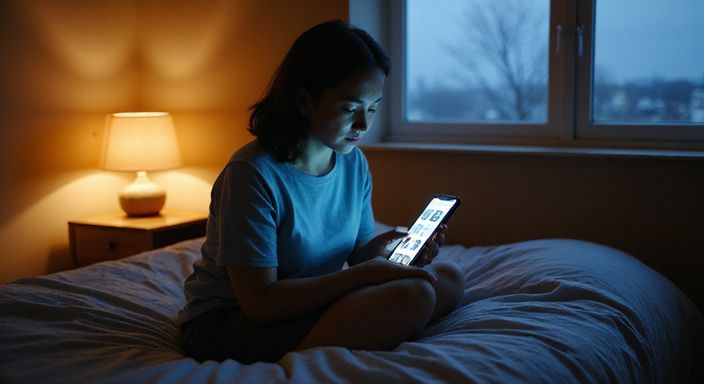 Een vrouw zit contemplatief op bed en kijkt naar haar smartphone en wil een sexdate in Oost-Vlaanderen.