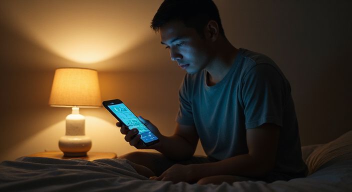 Een jonge persoon kijkt geconcentreerd naar hun smartphone op bed.