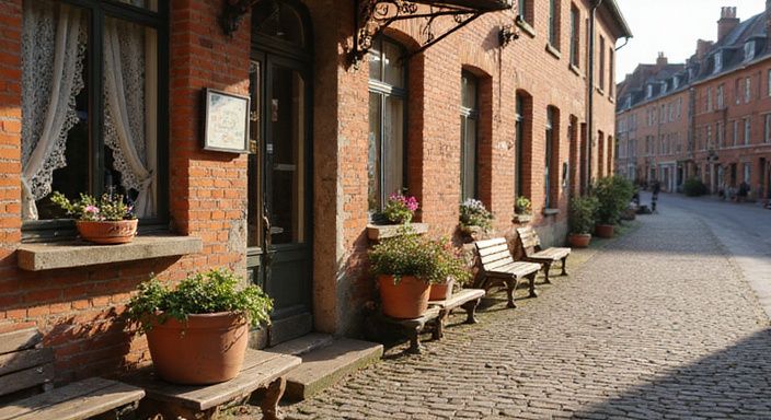 Een pittoreske straat met authentieke huizen en een gezellige café-ingang.