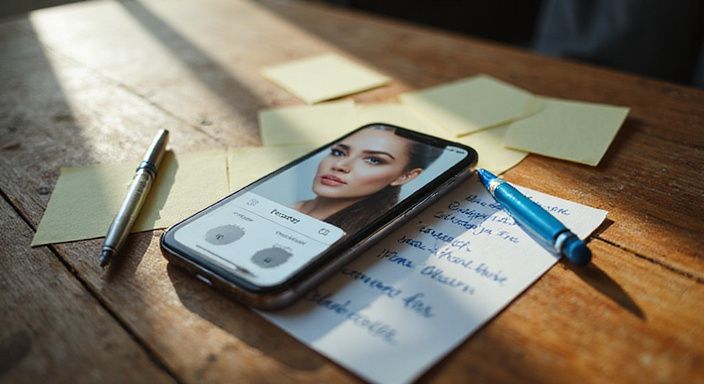 Een smartphone op een bureau met profieloptimalisatie-ideeën en foto's.