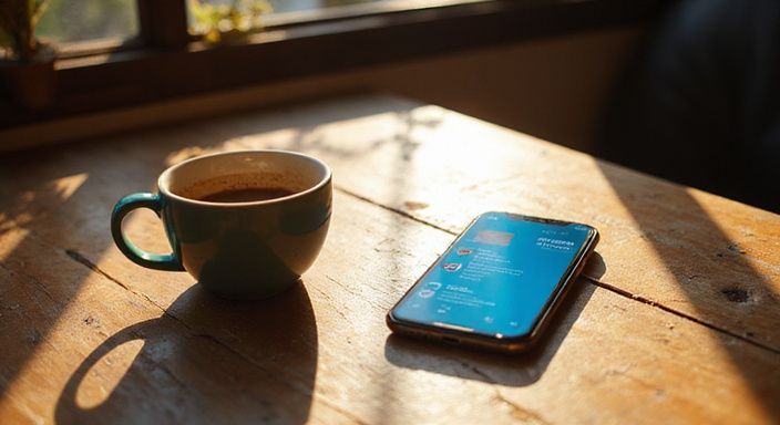 Een smartphone op een verweerd tafel in een gezellig café.