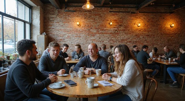 Een levendige koffiebar met ontspannen mensen in gesprek.