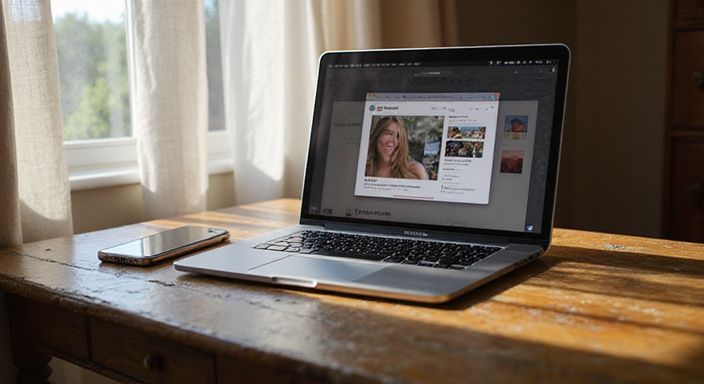 Een MacBook Pro met een datingapp-interface op een houten bureau.