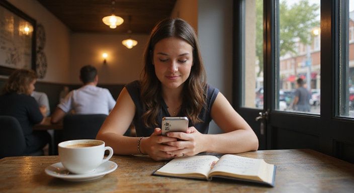 Een vrouw glimlacht terwijl ze een datingapp op haar telefoon bekijkt. Zij wil een sexdate in Vlaams-Brabant.