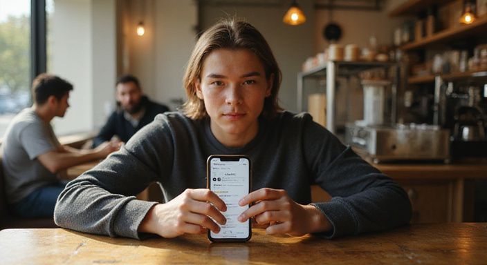 Een jonge volwassene overdenkt een datingapp in een koffiehuis.