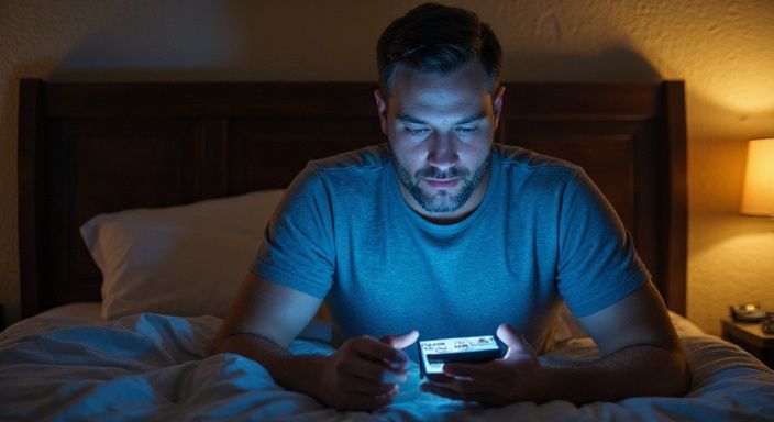 Een man in bed, kijkend naar een datingapp op zijn telefoon en zoekt een sexdate in Vlaams-Brabant.