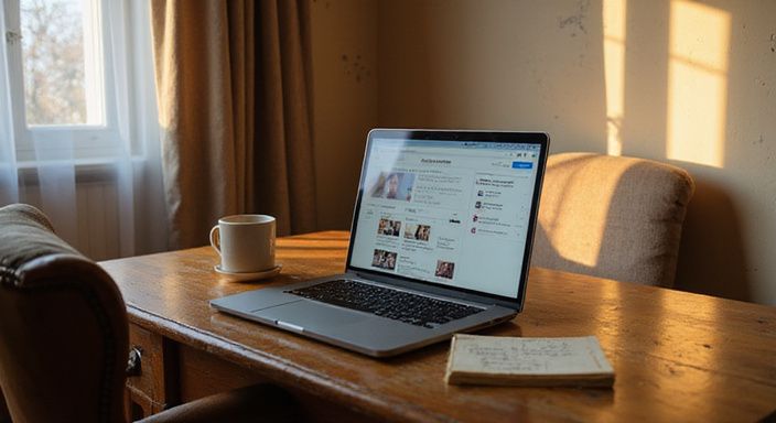 Een laptop op een eiken bureau met datingapp-interface en aantekeningen.