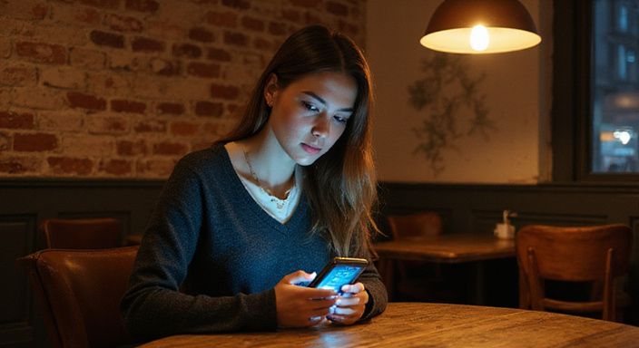 Een vrouw in een café kijkt naar haar smartphone en zoekt een sexdate in West-Vlaanderen.