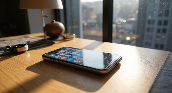 Een iPhone 15 Pro toont een datingapp-interface op een bureau.