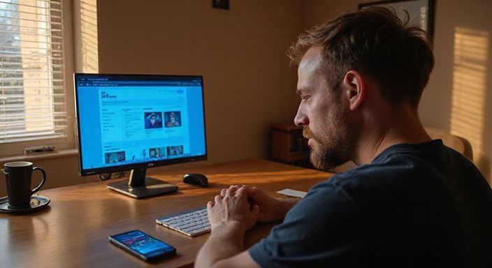Een man kijkt aandachtig naar een datingapp voor een sexdate in West-Vlaanderen op zijn laptop.
