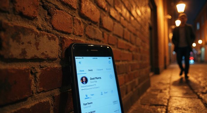 Een smartphone toont een datingapp tegen een verweerde bakstenen muur.