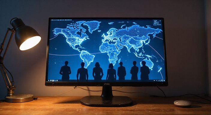 Een computerscherm toont een netwerkinterface met verbonden silhouetten en een kaart.