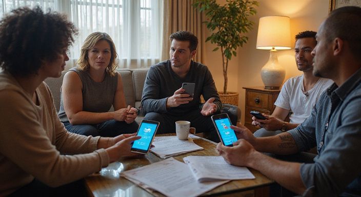 Een diverse groep volwassenen voert een levendig gesprek over een sexdate in West-Vlaanderen in een woonkamer.