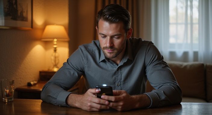 Een jonge man verdiept in zijn smartphone, zichtbaar nerveus en contemplatief.