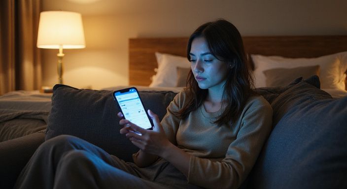 Een vrouw in gedachten terwijl ze een datingapp voor een sexdate in West-Vlaanderen op haar telefoon bekijkt.