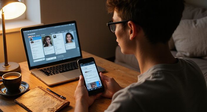 Iemand werkt op een laptop en smartphone in een woonkamer.