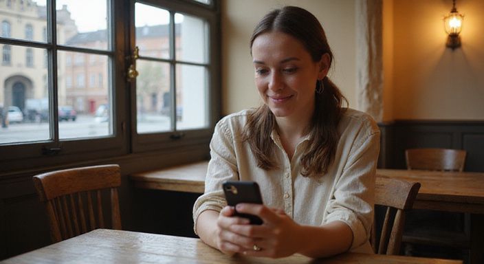 Een vrouw glimlacht terwijl ze haar smartphone in een café vasthoudt.