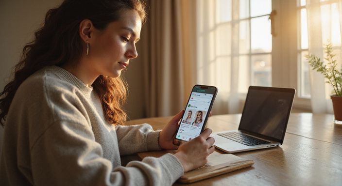 Een vrouw in een oversized trui gebruikt een datingapp voor sexdating in Gent op haar telefoon.