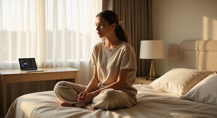 Een jonge vrouw in een hotelkamer, relaxed zittend op bed.
