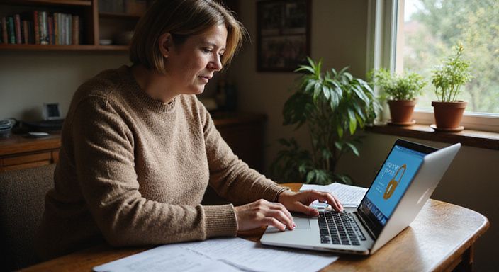Een vrouw werkt geconcentreerd aan haar laptop in een thuisoffice.