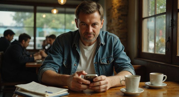 Een alleen zittende man kijkt naar een datingapp voor sexdating in Gent in een café.