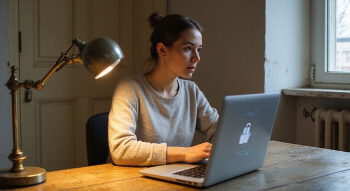 Een vrouw werkt geconcentreerd achter een verouderd bureau met een laptop.