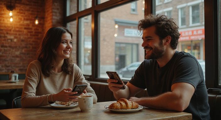 Een jong stel geniet van een intiem moment in een café.