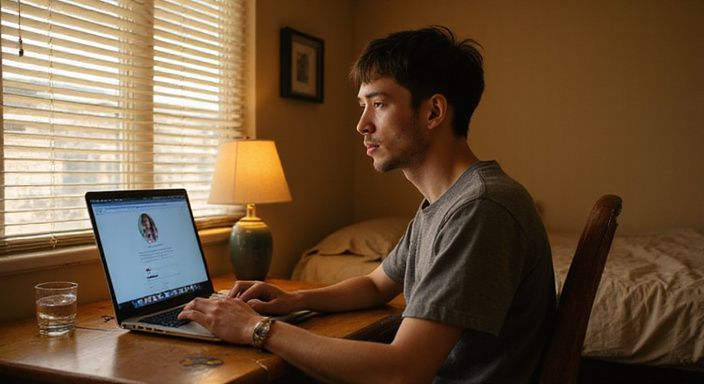 Een persoon in een kleine studio kijkt geconcentreerd naar een datingprofiel voor sexdating in Gent.