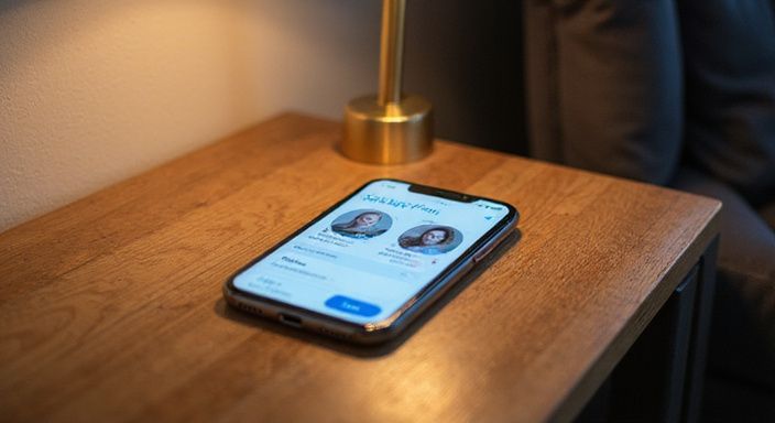 Een smartphone ligt op een houten bureau met een datingapp voor sexdating in Gent