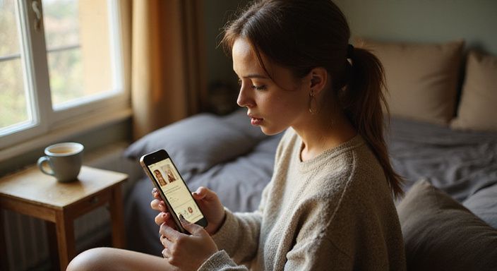Een vrouw in een oversized sweater zoekt op haar smartphone naar sexdating in Gent.