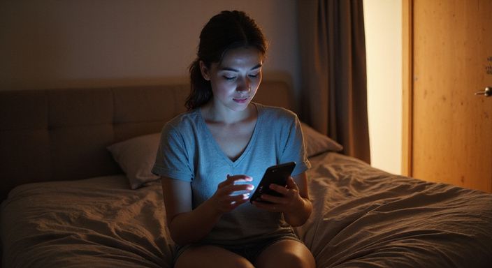 Een vrouw zit contemplatief op de rand van een bed.
