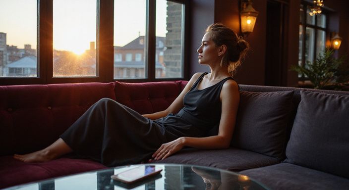 Een vrouw in een zwart jurkje zit ontspannen op een wijnrood sofa.